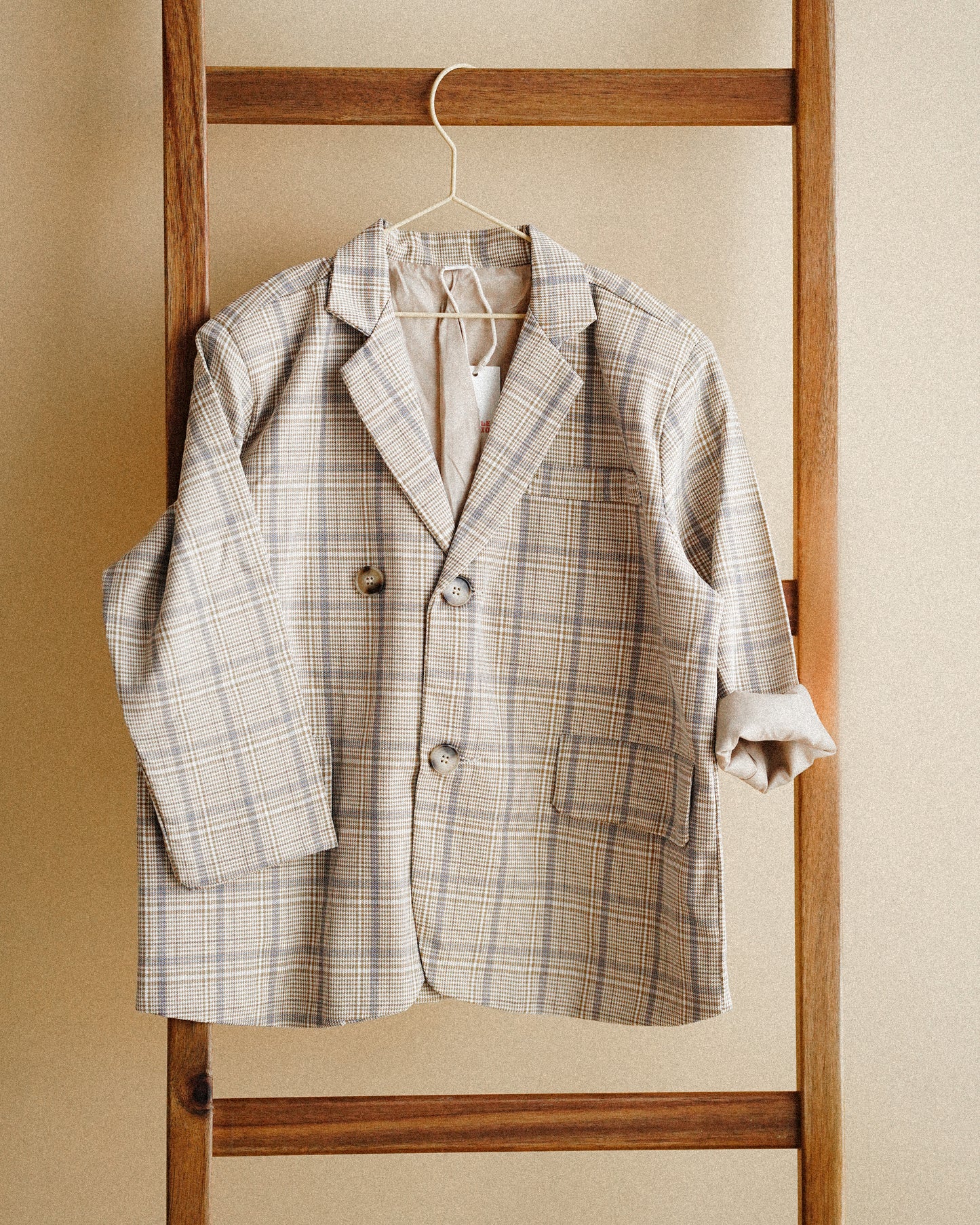 Beige and Navy Plaid Oversized Suit Set